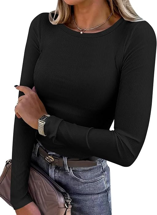 ANRABESS Women Long Sleeve Shirts Ribbed Fitted Tops | Amazon (US)