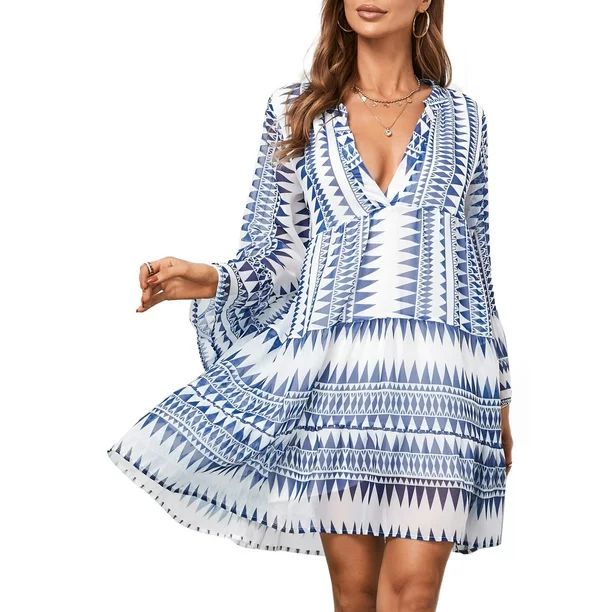 Dokotoo Women's Blue Flowy Ruffle Mini Dress Autumn Long Sleeve V Neck Tunic Dress Swing Party Su... | Walmart (US)