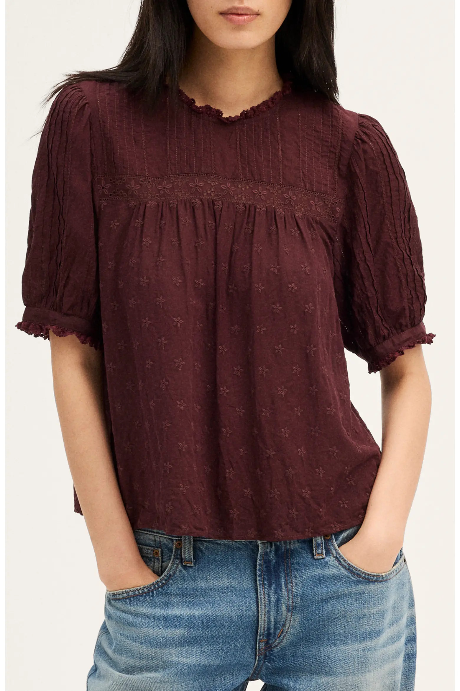 Madewell Embroidered Pintuck Crewneck Voile Top (Women) | Nordstrom | Nordstrom
