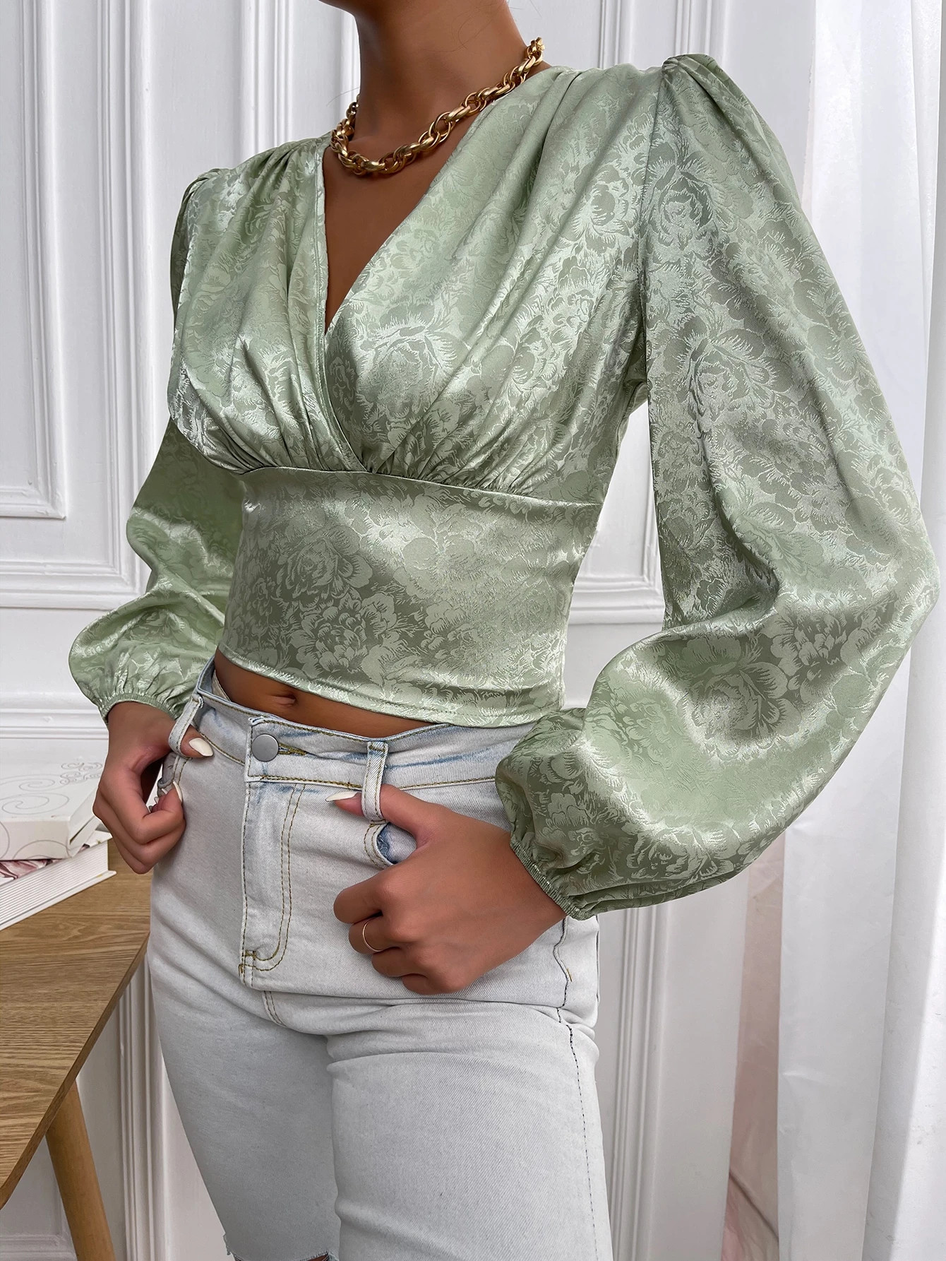 Surplice Neck Floral Jacquard Lantern Sleeve Top | SHEIN