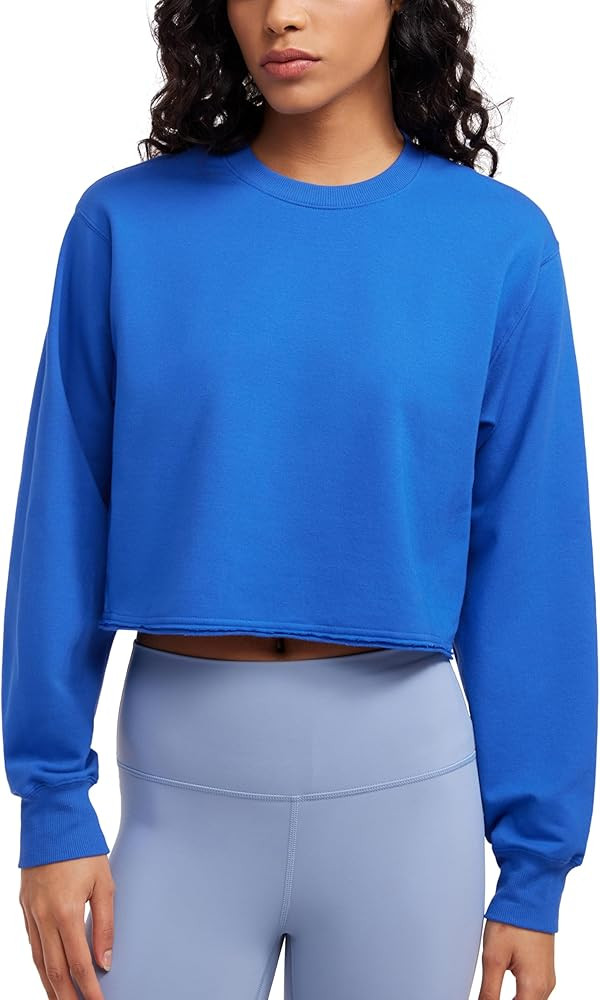 CRZ YOGA Womens Fleece Cropped Sweatshirts Crewneck Long Sleeve Sweat Shirts Double Raw Hem Worko... | Amazon (US)