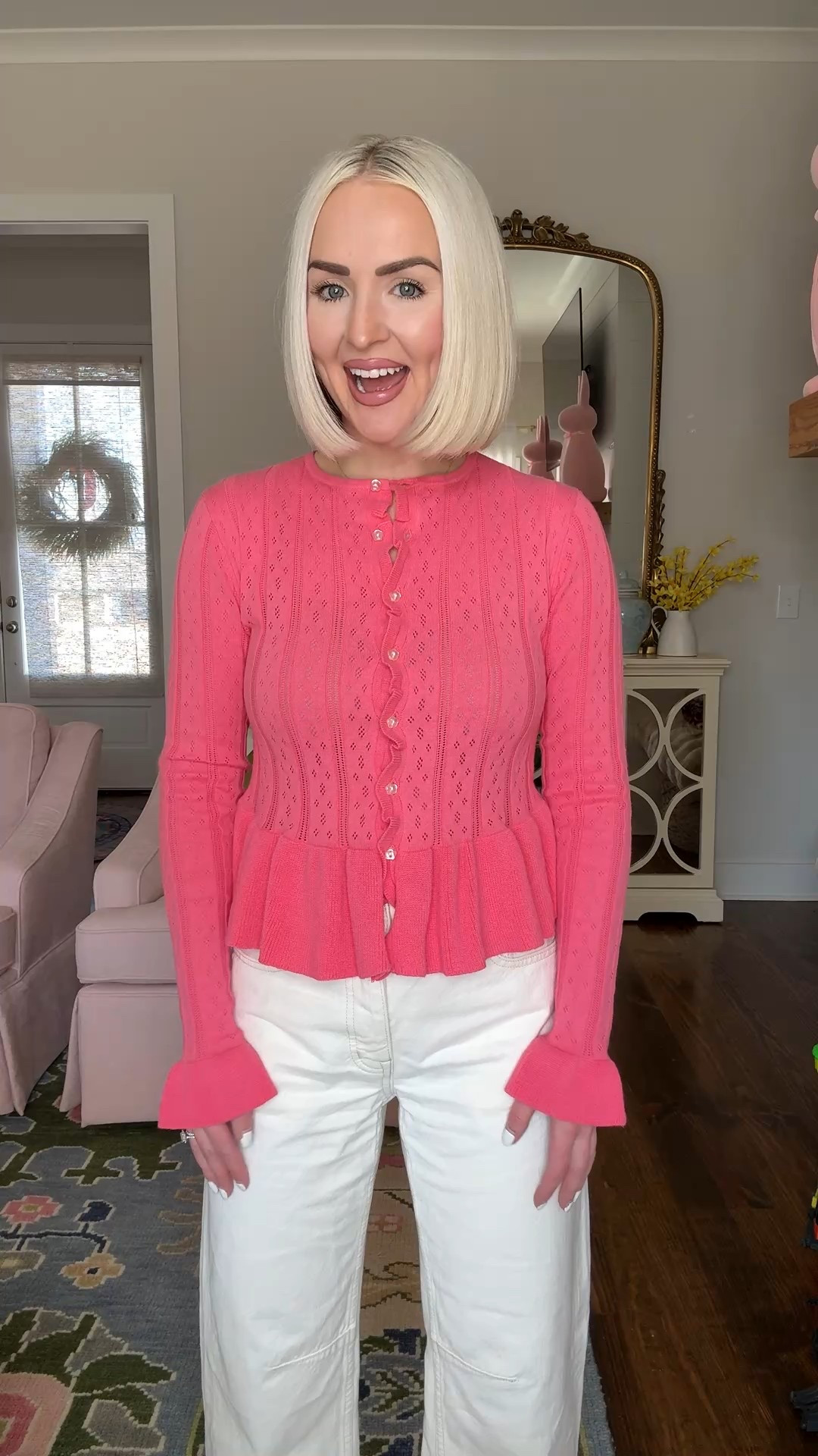 Coral pink peplum ruffle cardigan (small) / Walmart spring fashion / 

white barrel leg jeans (size 23 petite) 

#LTKootd #LTKPetite