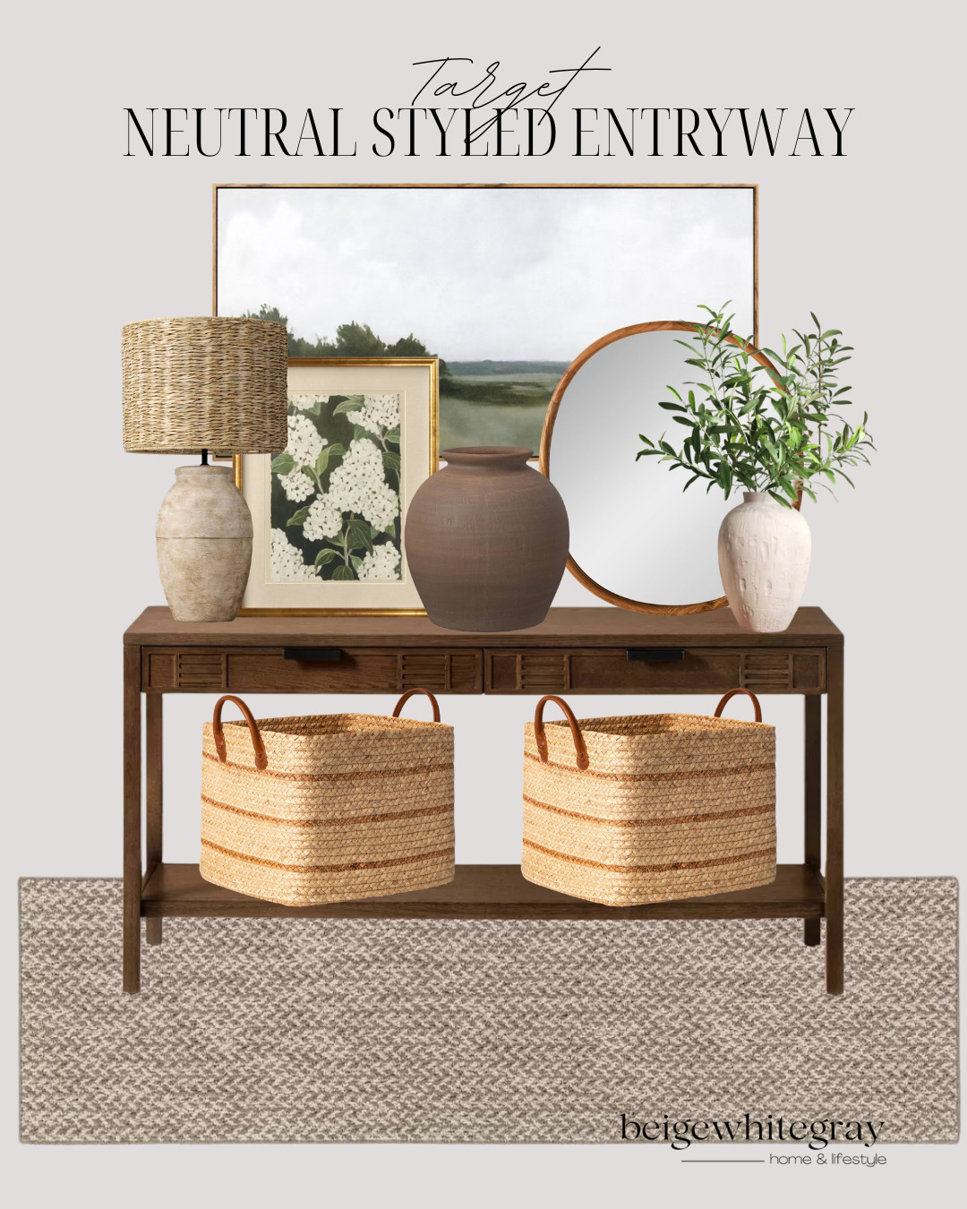 Target Neutral Styled Entryway, target entryway decor, neutral entryway, entryway styling, target home decor, console table styling, woven baskets, oversized artwork, round mirror, ceramic vase, olive branches, textured table lamp, neutral home decor, modern farmhouse entryway, foyer ideas, entryway inspiration, woven storage baskets, layered wall art, console table decor, earthy home decor, target finds, warm neutral decor

#LTKHome