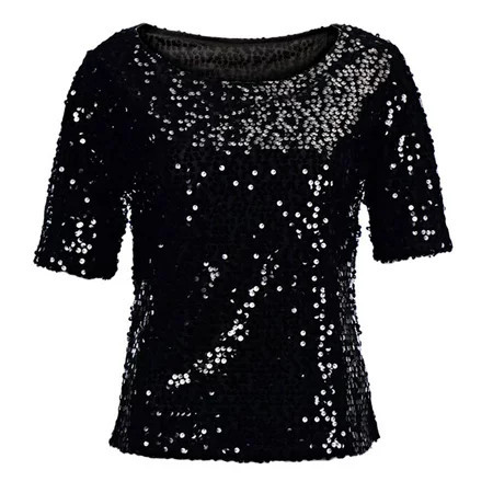 Qcmgmg T Shirts For Women Fashion Women Sequins Sparkle Coctail Party Casual Top Blouse Crop Tops Shirt Black S | Walmart (US)