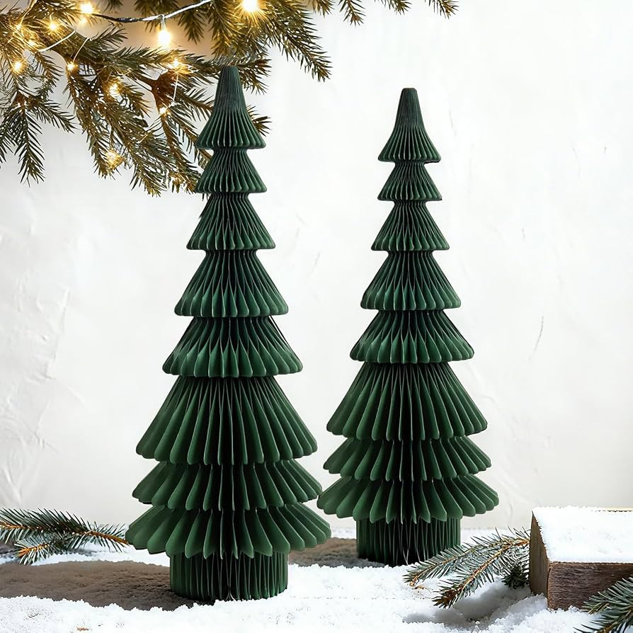 20 Inch Green Paper Christmas Tree, 2 Pcs Foldable Honeycomb Tabletop Christmas Decorations with ... | Amazon (US)