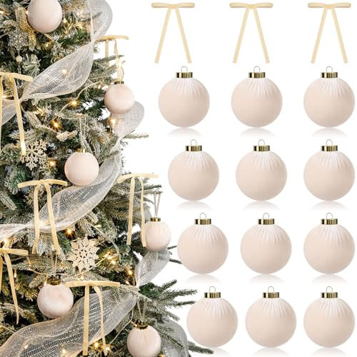 Korlon Tec 24 Pack Velvet Ornaments for Christmas Tree Decorations, 12 Pcs 3.15 Inch Large Neutral Christmas Ornaments Hanging Flocked Balls and 12 Pcs Velvet Bows for Xmas Tree Holiday Party Decor | Amazon (US)