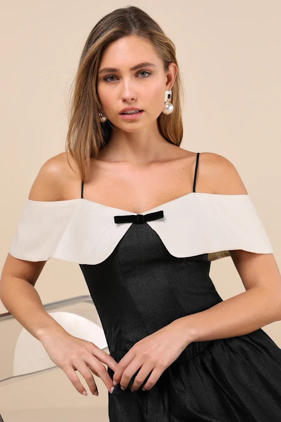 Upscale Desire Black Contrast Off-the-Shoulder Mini Dress | Lulus