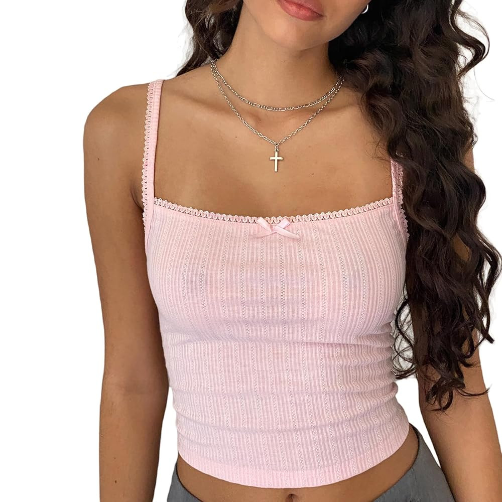 Women Y2K Lace Trim Crop Top Fairy Kawaii Bow Cami Top Cottage Vintage Slim Fit Tank Top Spaghett... | Amazon (US)