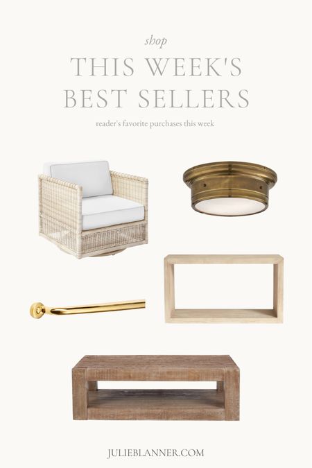 This week best sellers: Serena & Lily swivel chair, McGee & Co flush mount, Wayfair coffee table, Pottery Barn console table, and Rejuvenation pull

#LTKhome #LTKstyletip