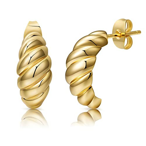 14K Gold Plated Croissant Earrings Twisted Round Hoop Earrings Chunky Hoop Earrings 925 Sterling Silver Post Earrings Huggies with CZ for Women Gift for Her | Amazon (US)