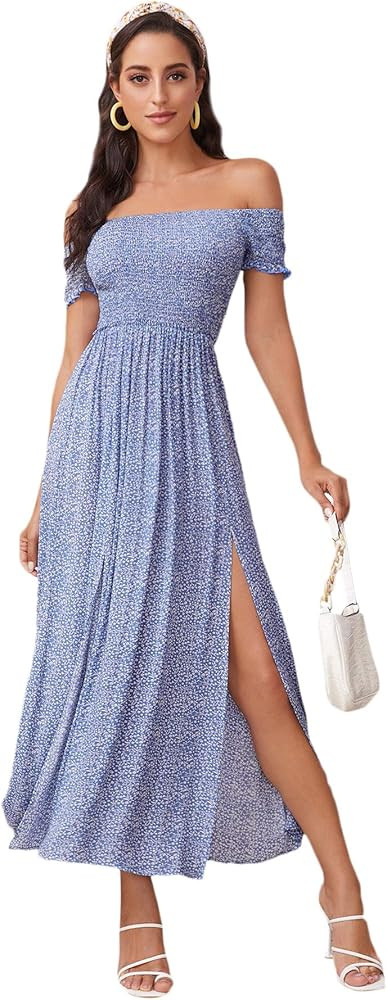Floerns Women's Boho Floral Print Off Shoulder Split Long A Line Dress | Amazon (US)