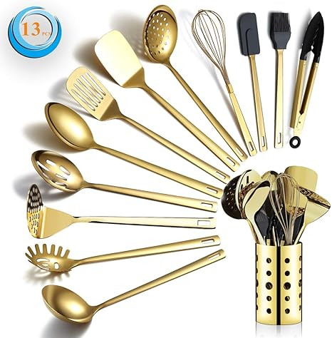 Berglander Gold Cooking Utensils Set, Stainless Steel 13 Pieces Kitchen Utensils Set with Titaniu... | Amazon (US)