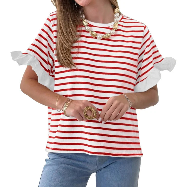 Summer Stripe Printed Short Sleeved Crew Neck Casual Shirt Tops | Walmart (US)