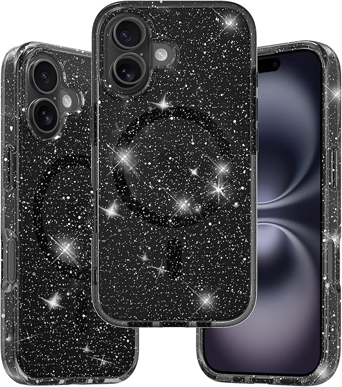 for iPhone 16 Case - Black Glitter Phone Case [Compatible with Magsafe] - [11FT Drop-Proof Defens... | Amazon (US)