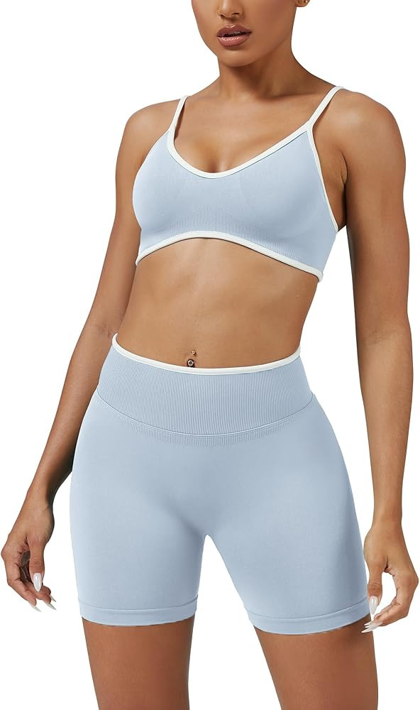 ABOCIW Workout Sets for Women Color Block Sports Bra Hidden Scrunch High Waist Biker Shorts 2 Pie... | Amazon (US)