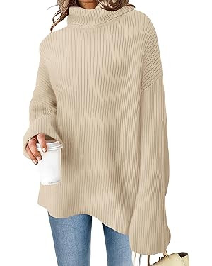 ZESICA Women's 2023 Winter Sweaters High Neck Long Sleeve Chunky Knit Oversized Side Slit Pullove... | Amazon (US)