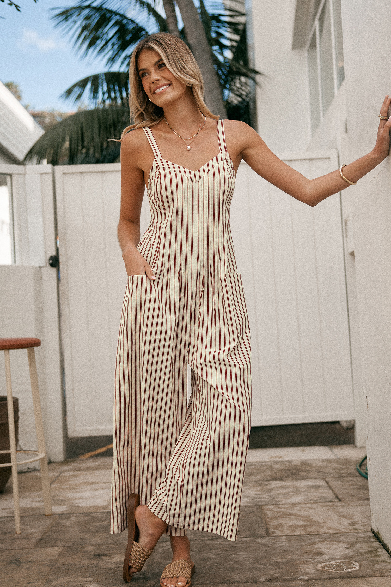 Striped Sleeveless V-Neck Wide Leg Jumpsuit | Cupshe US