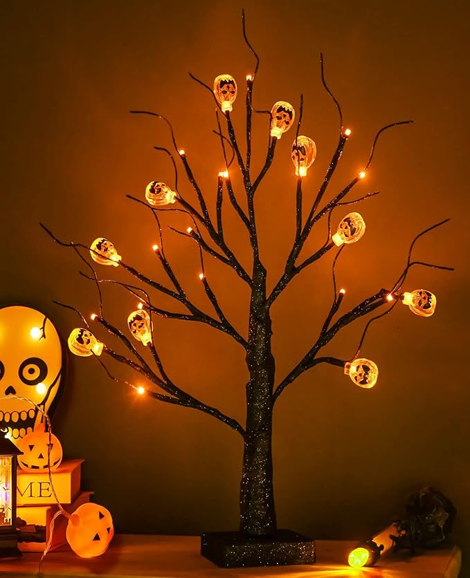 Halloween Tree, Black Spooky Tree with 24LED Orange Lights and 10 Pumpkin Ornaments Battery Power... | Amazon (US)