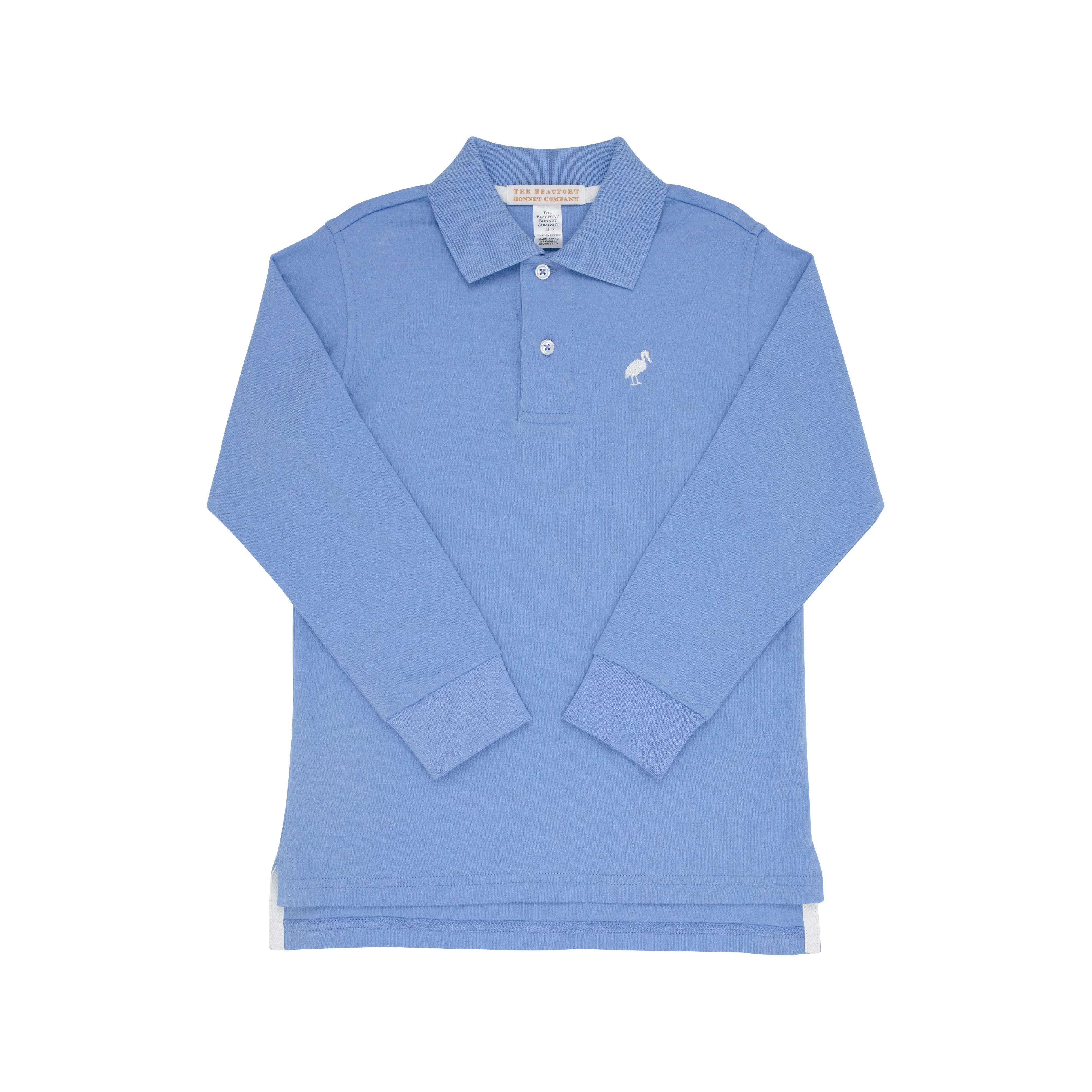 Long Sleeve Prim & Proper Polo & Onesie - Barbados Blue with Worth Avenue White Stork | The Beaufort Bonnet Company