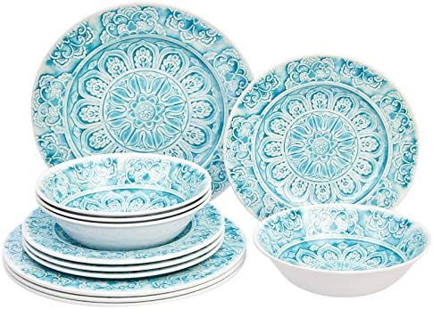Amazon Basics Melamine Dinnerware Set, Service for 4, Faded Glaze Blue - Set of 12 | Amazon (US)