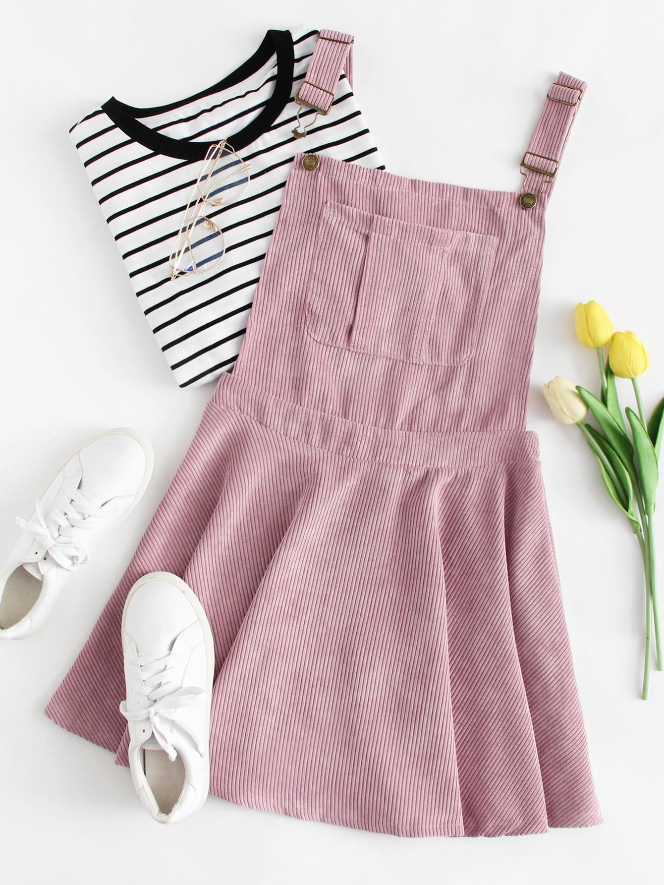 Pocket Front Zip Up Back Corduroy Pinafore Dress | ROMWE