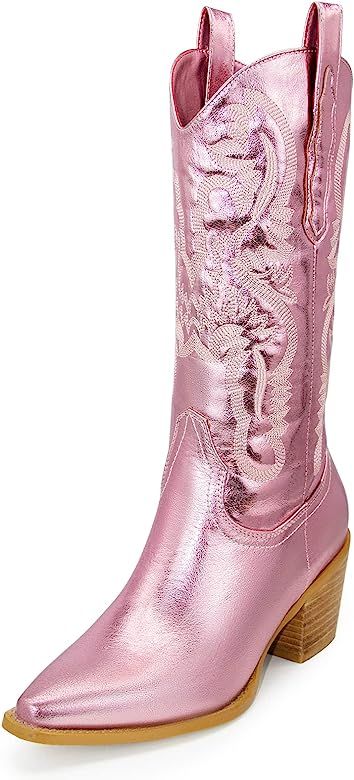 Women's Cowgirl Embroidered Mid-Calf Western Boots, Pointed Toe Medium Block Chunky Heel 6cm Stit... | Amazon (US)