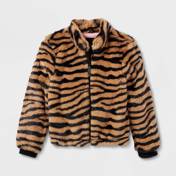 Girls' Tiger Striped Faux Fur Jacket - art class™ Brown | Target