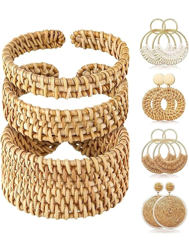 Yanxyad Handmade Raffia Rattan Earrings Bracelet Set For Women, Include 4 Pairs Bohemian Round Dr... | SHEIN