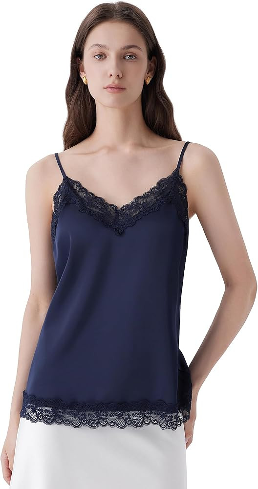 SUUKSESS Women Silk Satin Camisole Tops Sexy Lace Trim V Neck Tank Top Summer Sleeveless Shirts | Amazon (US)