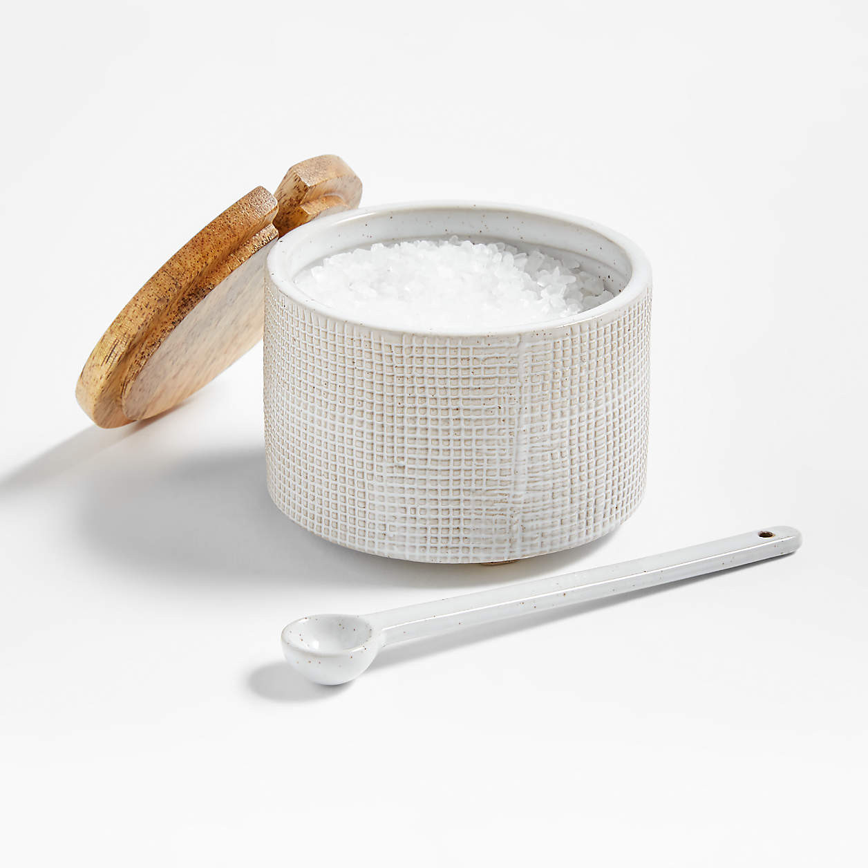 Ena Stoneware Salt Cellar with Spoon and FSC Acacia Wood Lid | Crate & Barrel | Crate & Barrel