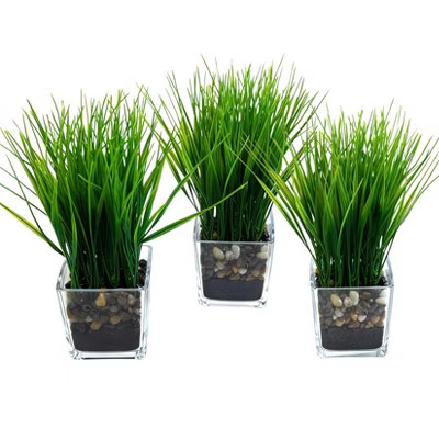 3 Pack Artificial Grass Potted Plants in Glass Pots Mini Faux Greenery Desktop Decor for Home Office Shelf | Target