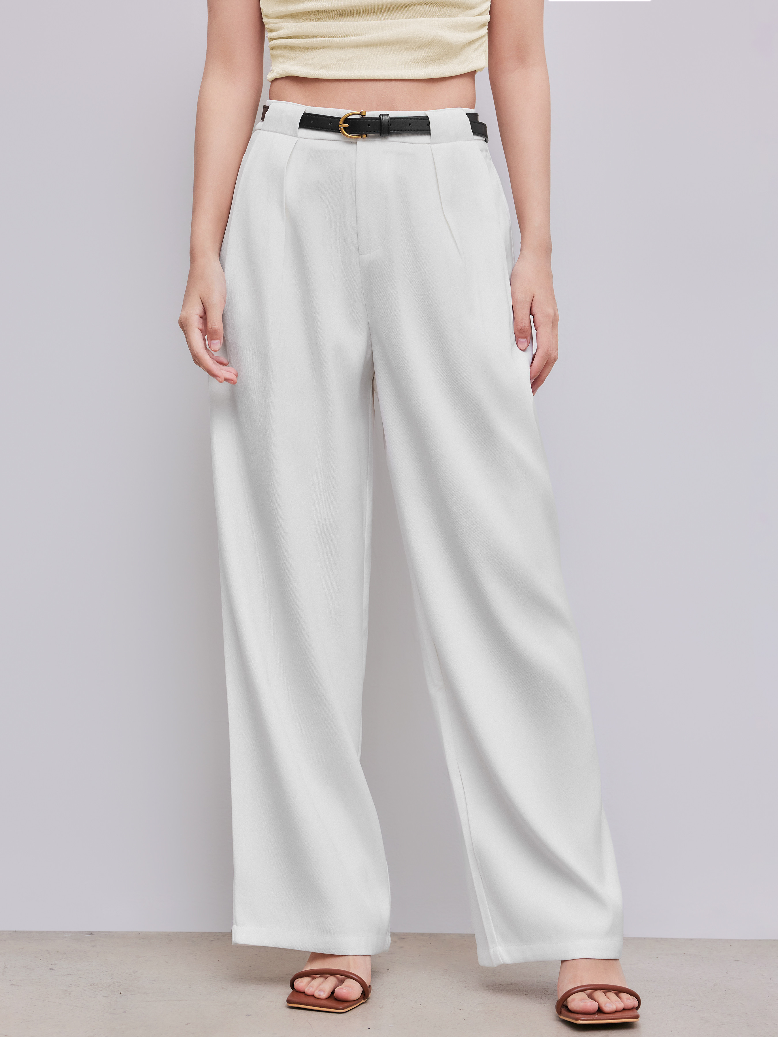 Woven Belted Mid Rise Straight Leg Trouser For Daily Casual Coffee Shop Work | Cider