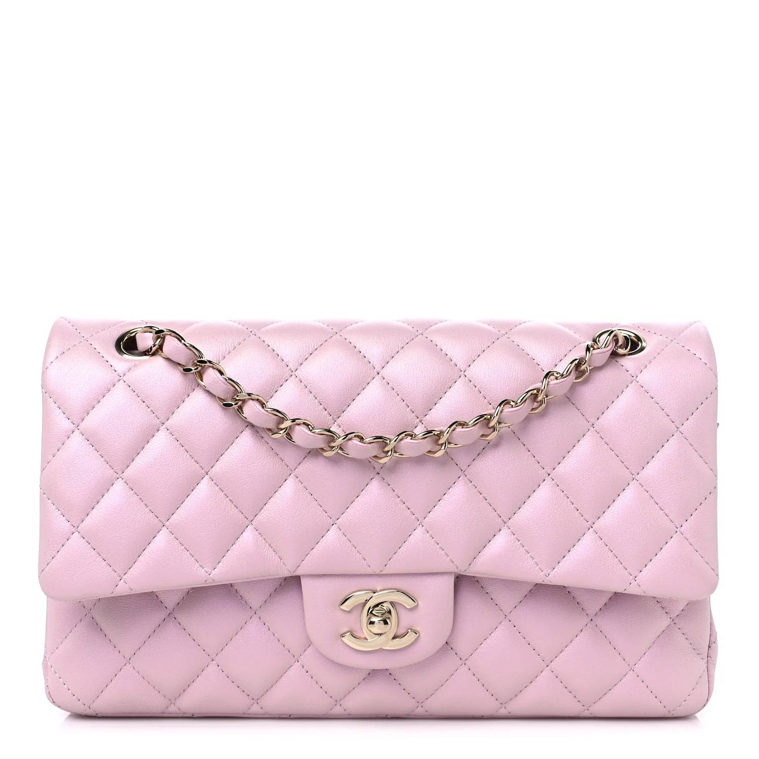 Iridescent Calfskin Quilted Medium Double Flap Light Pink | FASHIONPHILE (US)