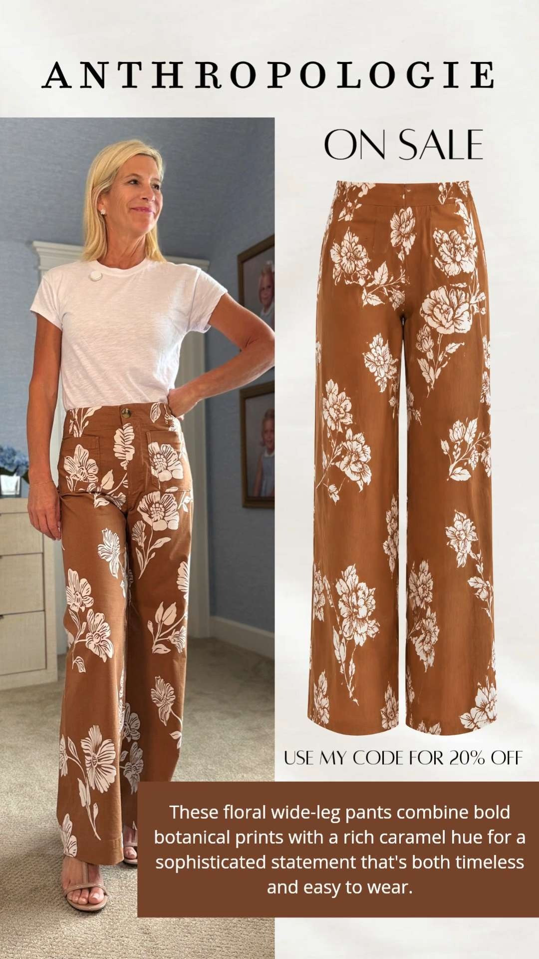 These floral wide-leg pants are such a fun statement piece! I love how the rich caramel color and bold floral print pair perfectly with a simple white tee for an effortless look. Even better, they're 20% off with code ANGELA20!

❤️ Heart = Support my posts
📌 Save = Get sale & restock alerts
🛍️ Follow me on LTK for more effortless style. 

 #LTKootd #LTKOver40 #LTKSaleAlert
