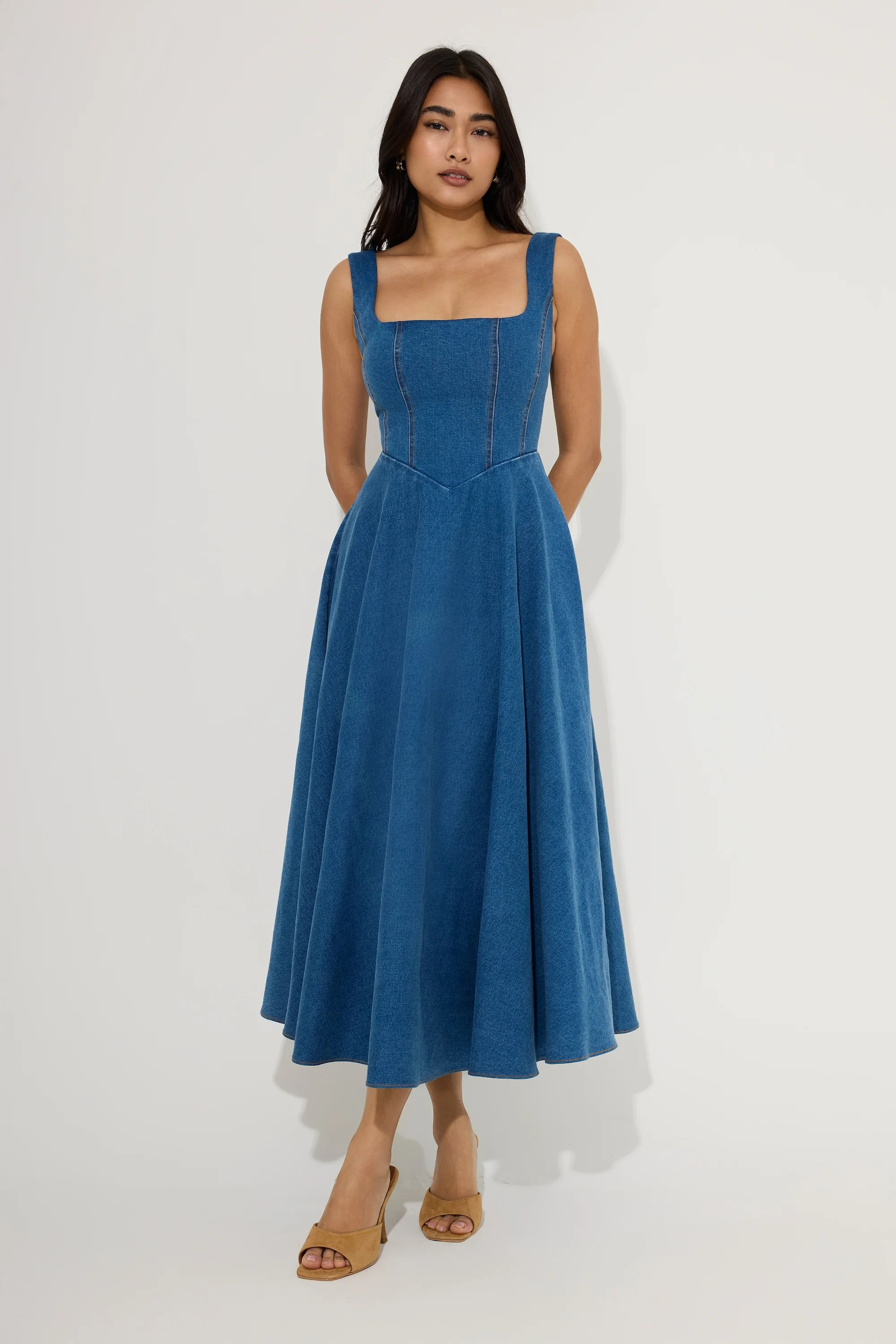 Cotton Mix Denim Square Neck Midi Dress | Odd Muse