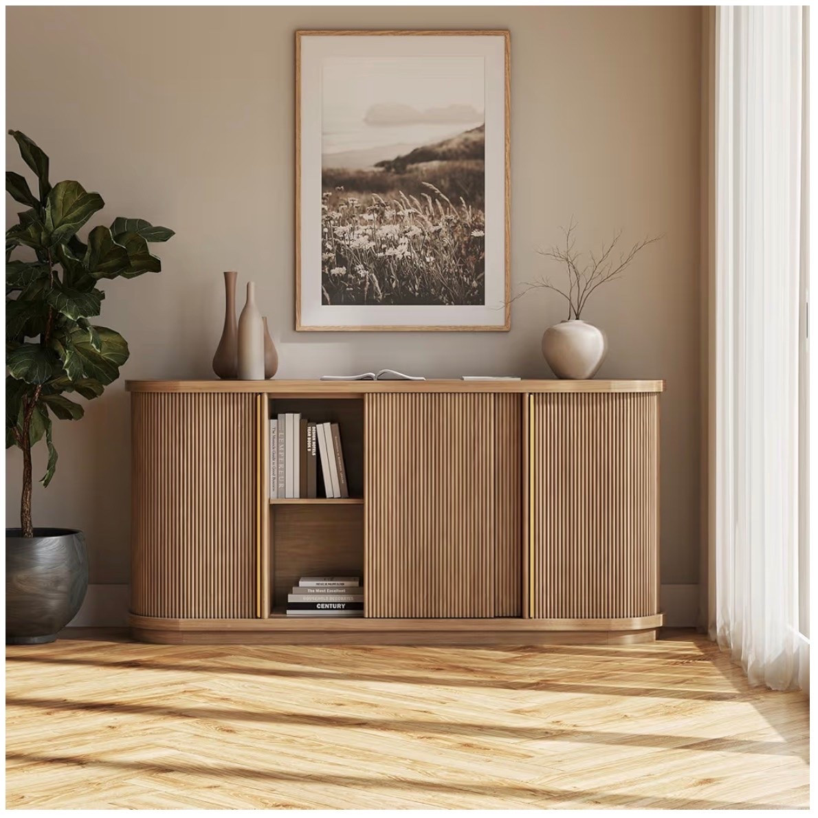 Modern Curved Sideboard with Sliding Tambour Doors - Fluted Wood Buffet Cabinet & Credenza - Oval Media Console with Gold Accents for Dining Room, Living Room✨

#LTKmomlife #LTKHome #LTKSaleAlert