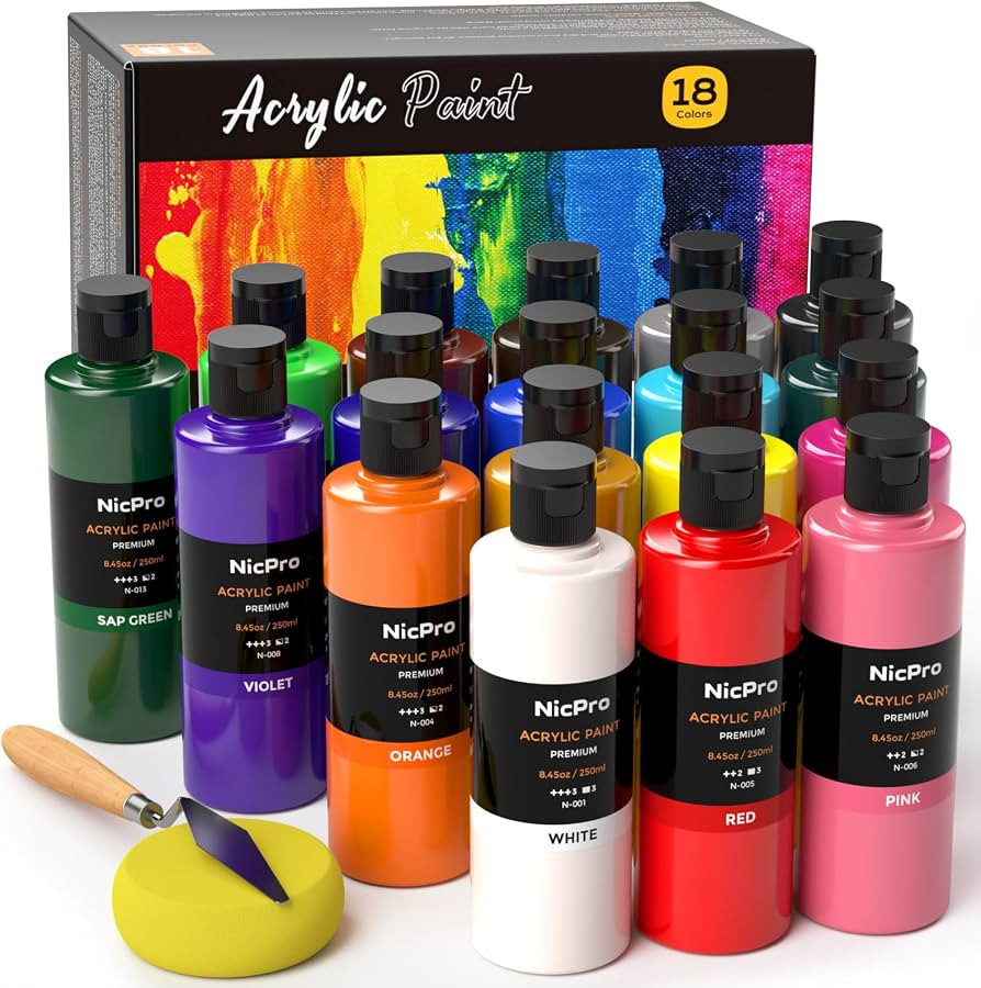 Nicpro 18 Colors Large Acrylic Paint Set, 8.45oz/250 ml Artist Painting Supplies Bulk Non-Toxic F... | Amazon (US)