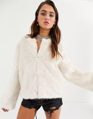 Bershka collarless faux fur coat in ecru | ASOS (Global)