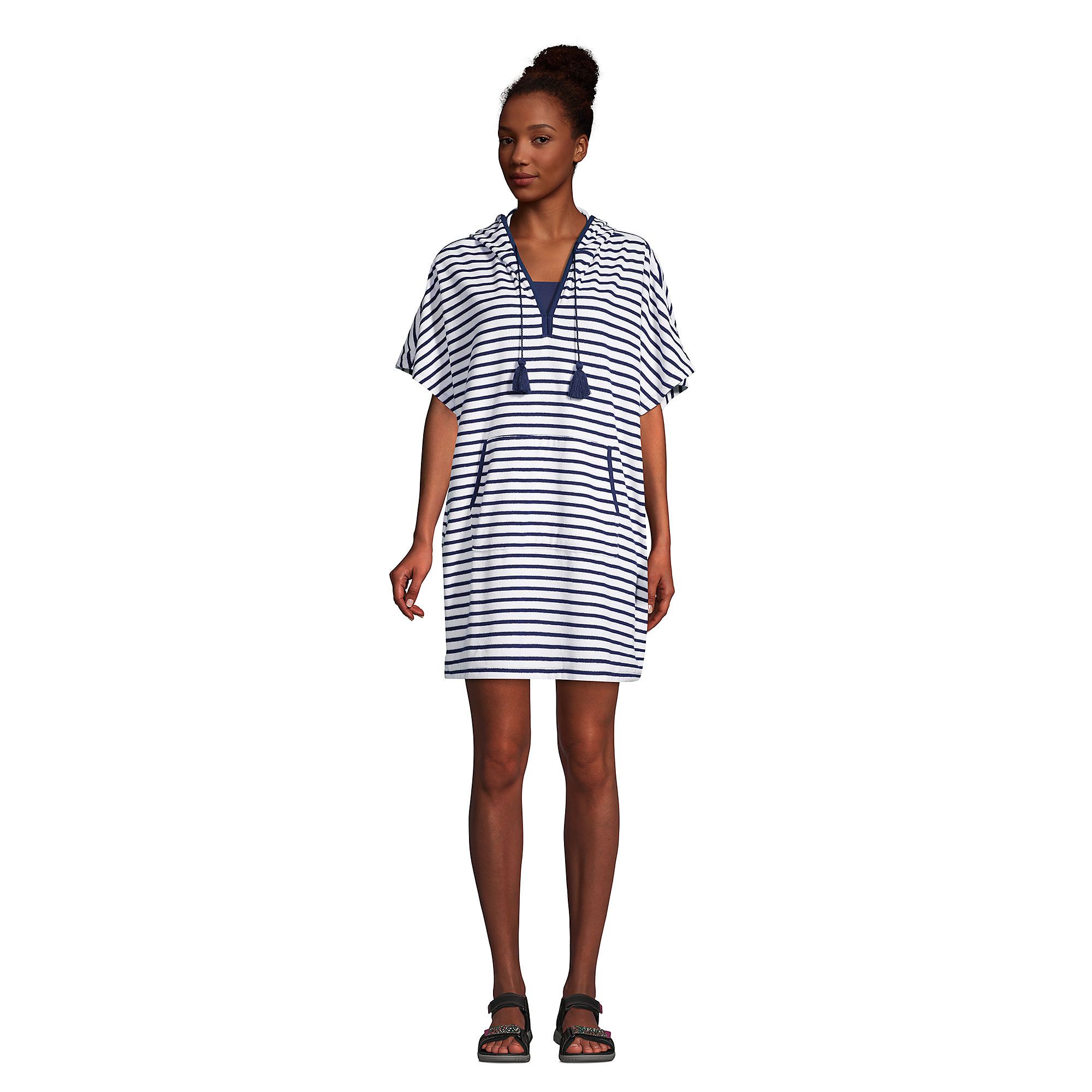 Women's Terry V-neck Short Sleeve Hooded Swim Cover-up Dress with Pocket | Lands' End (US)