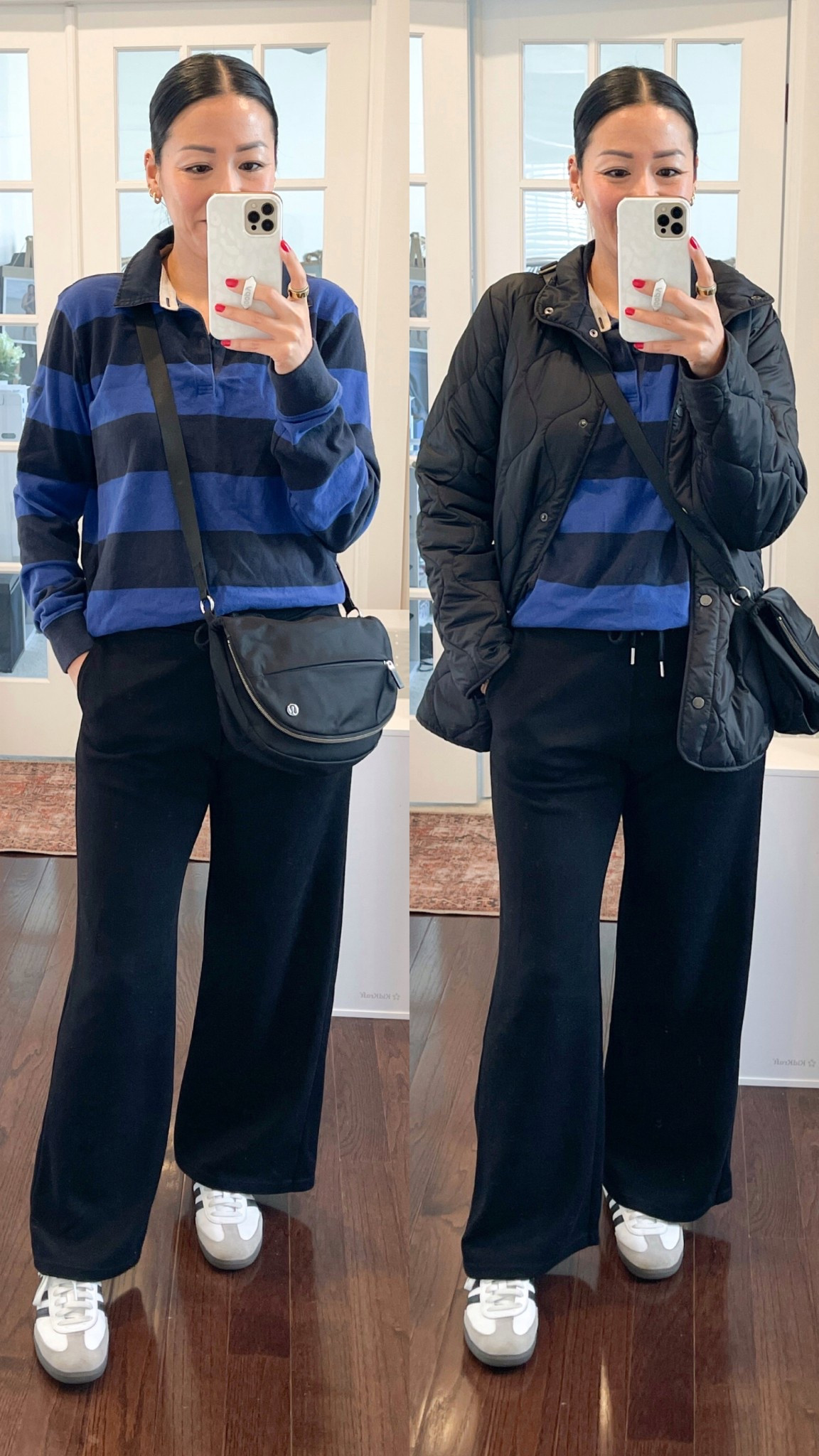 Size small pants 
Jacket and rugby are older
Sized down 1/2 in Sambas


#LTKOver40 #LTKSeasonal #LTKootd