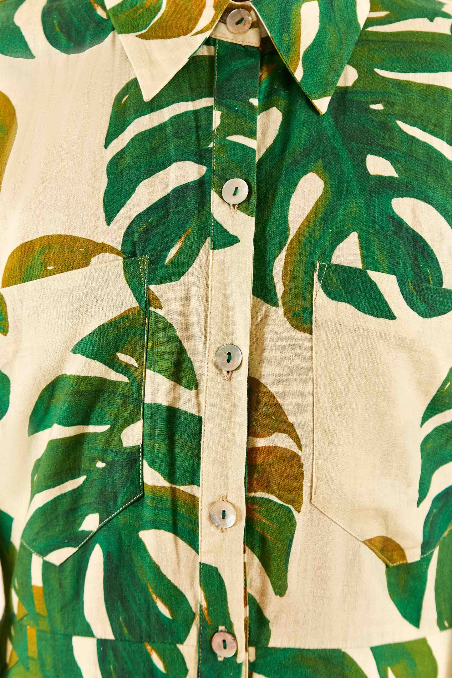 White Romper | Monstera Print | Long Sleeves | FarmRio (US)