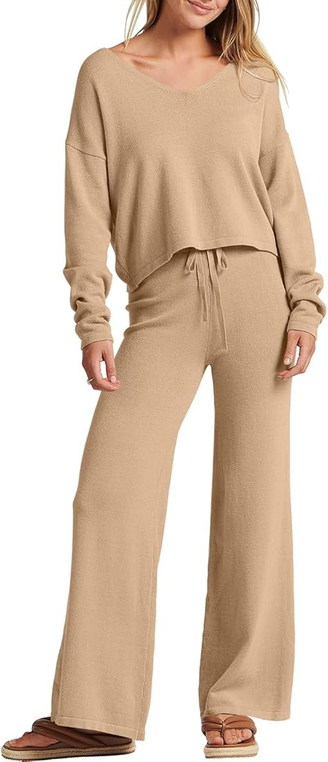 ANRABESS Women’s Two Piece Outfits Long Sleeve V Neck Crop Top with High Waist Wide Leg Pants Sweate | Amazon (US)