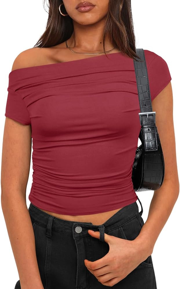 Darong Women's Summer Cap Sleeve Boat Neck Off Shoulder Top Going Out Slim Fit Tops Y2K Tight Shi... | Amazon (US)