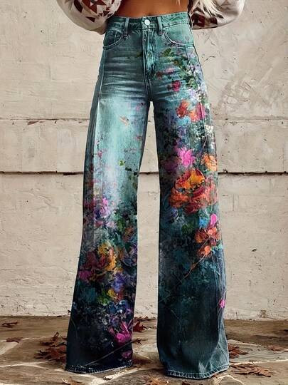 Gradient Ink Floral Women's Imitation Denim Pants, European And American Niche Long Trousers For Ladies, Spring/Autumn Wide-Leg Jeans | SHEIN