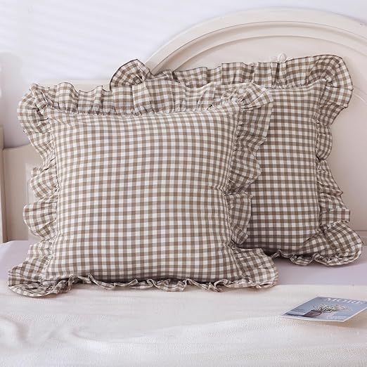 Taupe/White Plaid Euro Pillow Shams Ruffle Pillowcases Set of 2,Shabby Checkered Pillow Cover Was... | Amazon (US)