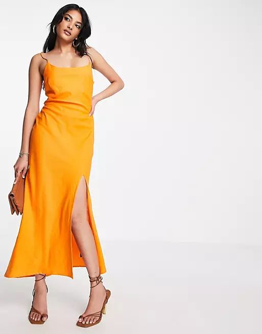 ASOS DESIGN linen cami maxi sundress with a split in orange | ASOS (Global)