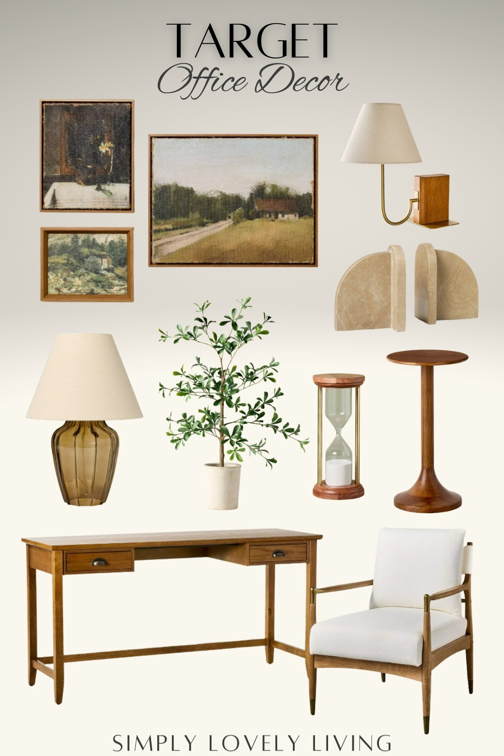 Target Office decor. Wooden office desk. Wooden upholstered office chair. Glass table lamp. Hourglass. Accent table. Faux plant. Book ends. Bookshelf lamp. Wall art. #LTKfind #office

#LTKHome