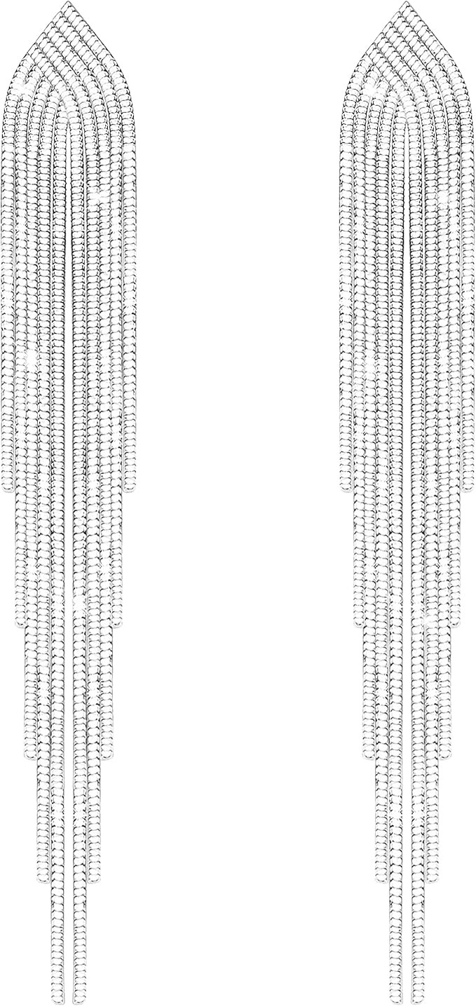 KristLand Retro 925 Sterling Silver Earpin Chain Tassel Long Dangle Stud Earrings White Gold Plat... | Amazon (UK)