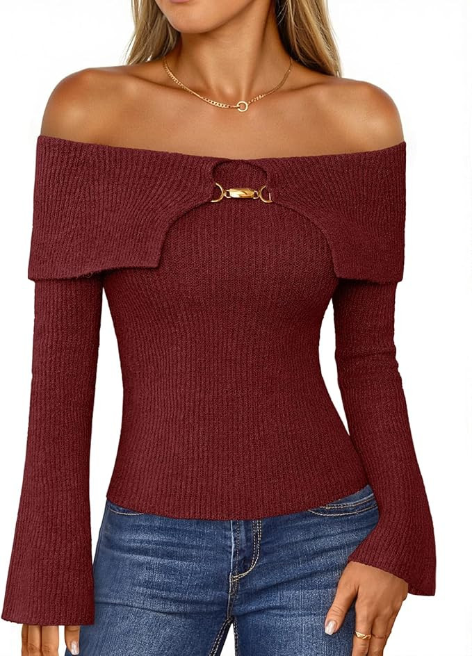 MEROKEETY Women's Off Shoulder Sweater 2025 Fall Cute Bell Long Sleeve Ribbed Knit Winter Pullove... | Amazon (US)