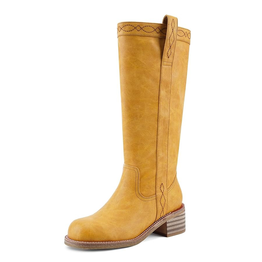 UBWDU Womens Knee High Boots Square Toe Platform Chunky Block Heel Banana Campus Boots Wide Calf ... | Amazon (US)